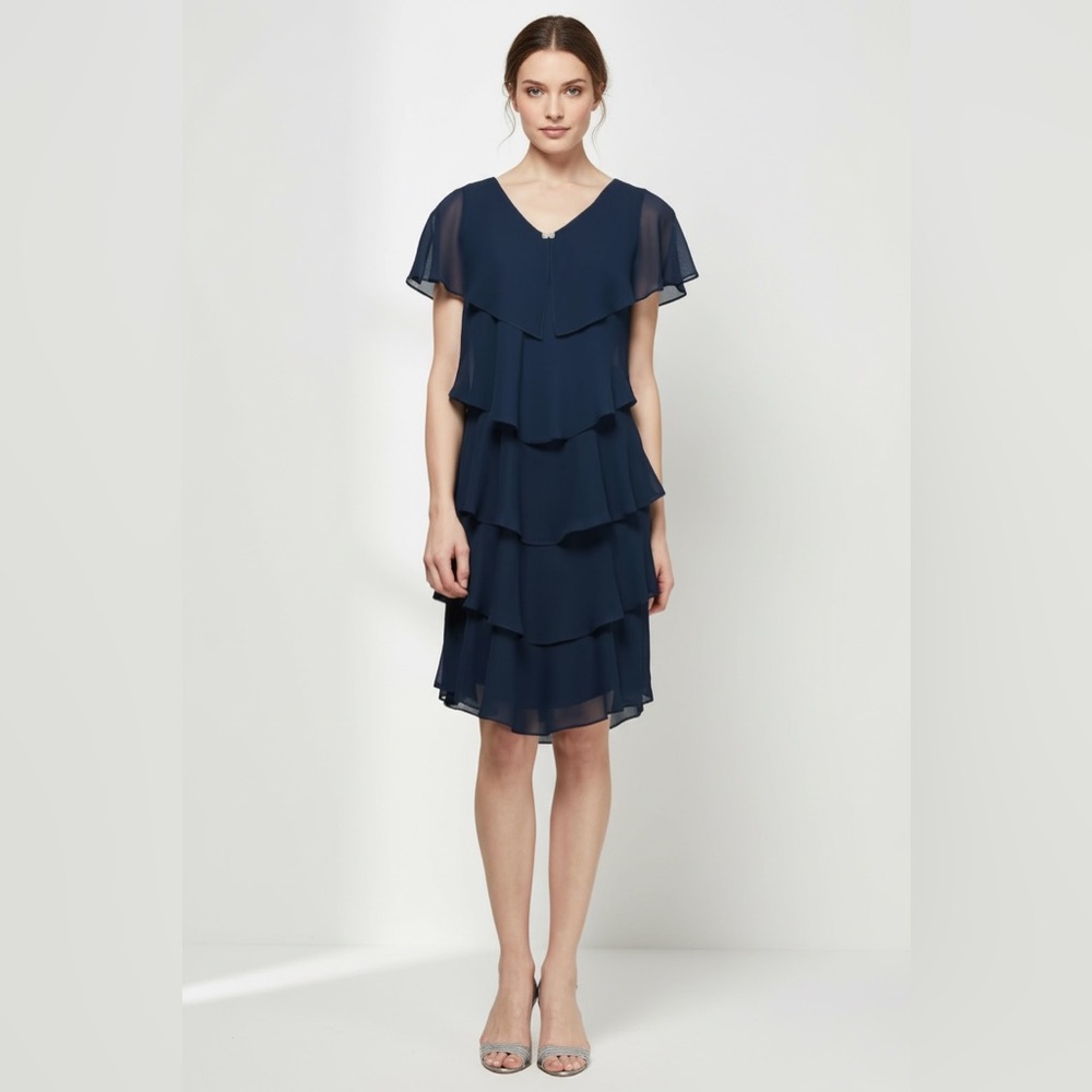 SLNY Midnight Navy Ruffle Tier Jewel Neckline Occasion Chiffon Knee Length Dress